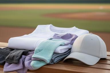 女子野球の練習用ウェアとキャップをベンチに置いた様子